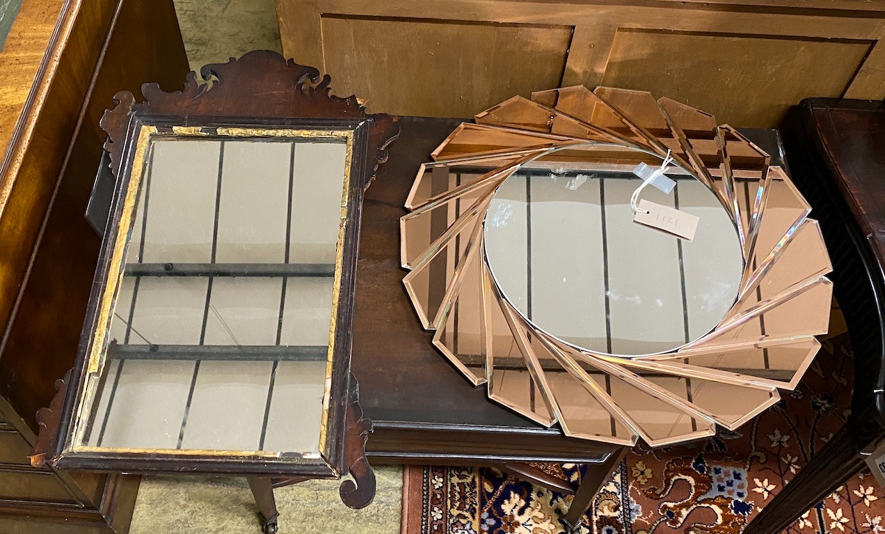 An Art Deco style circular peach and clear glass wall mirror, 50cm diameter and a George III fret cut wall mirror.